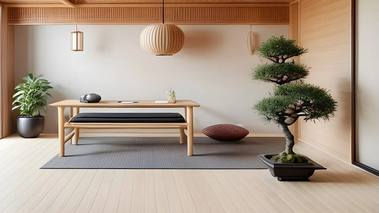 木の天井と盆栽のある、落ち着いた和モダンの風水インテリア